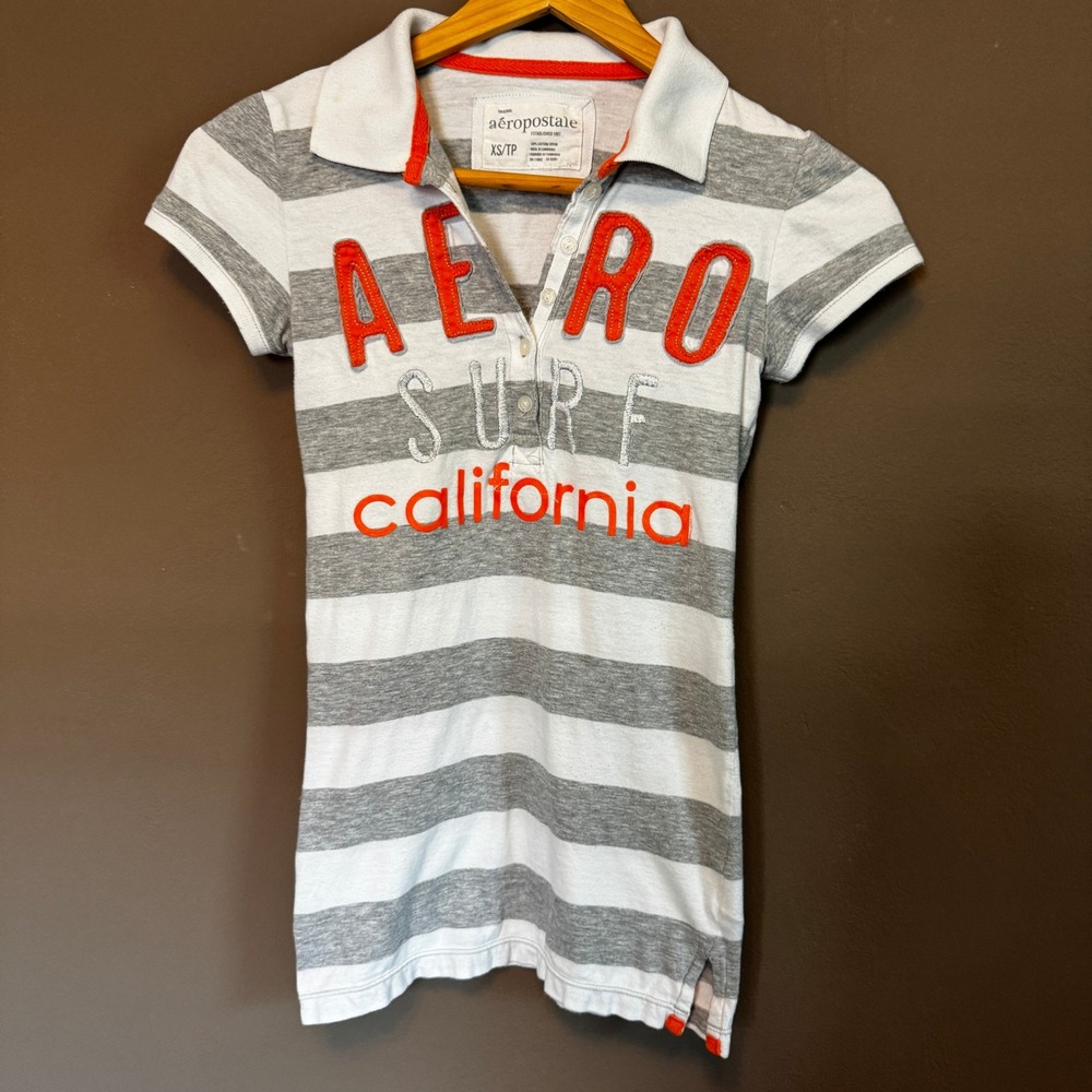 Y2k Aeropostale Womens XS Grey White Striped Aero Surf California Polo Shirt